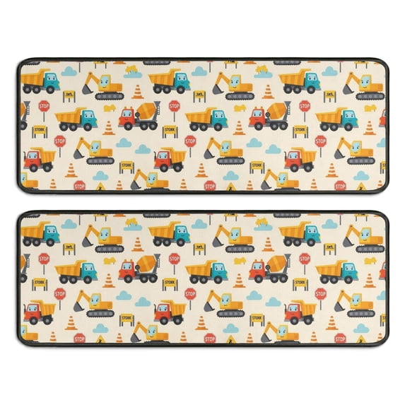 Excavator and Road Sign Beige Anti Fatigue Kitchen Rugs Set Of 2, Non Slip Washable Decorative Floor Mats for Sink Laundry and Home Use, 17"x47"
