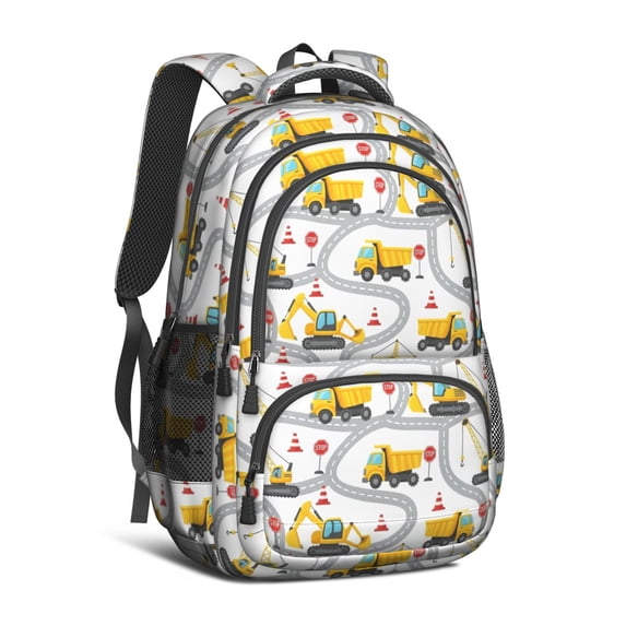 Excavator and Road White Pattern Cute School Backpack Bag with Padded Back and Adjustable Shoulder Straps 16.9 X 12.6 X 5.9 Inches