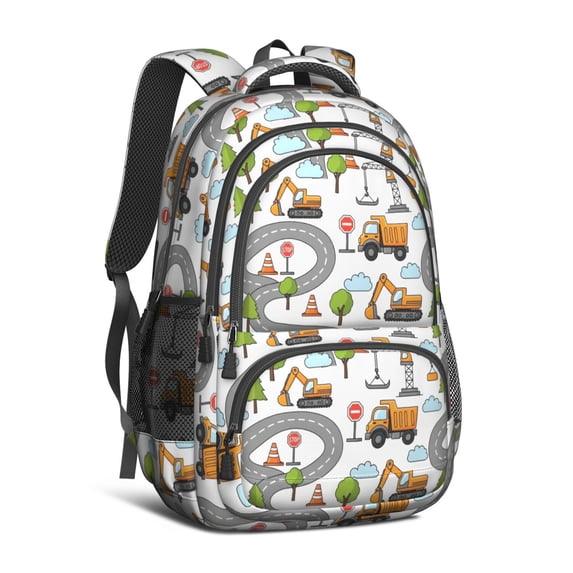 Excavator and Road White Pattern Cute School Backpack Bag with Padded Back and Adjustable Shoulder Straps 16.9 X 12.6 X 5.9 Inches