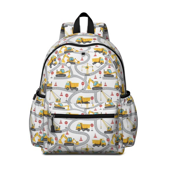 Excavator and Road White Pattern Cute School Backpack with Padded Back and Adjustable Shoulder Straps 13.4"x11"x4.7"