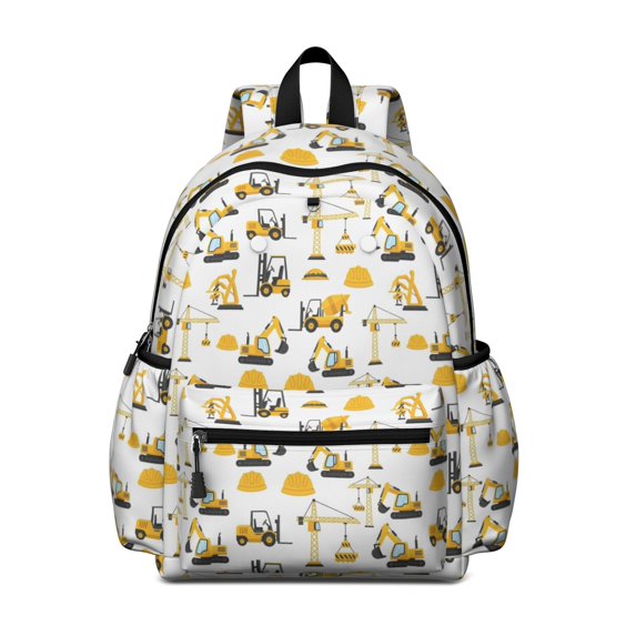 Excavator and Sand Pile White Pattern Cute School Backpack with Padded Back and Adjustable Shoulder Straps 13.4"x11"x4.7"