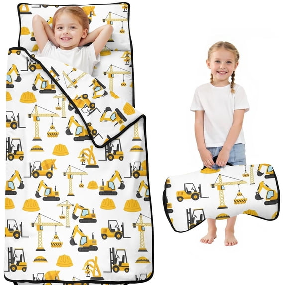 Excavator and Sand Pile White Pattern Teens Toddler Nap Mat with Pillow, Sleeping Mat Bag for Preschool Daycare 50"x20"