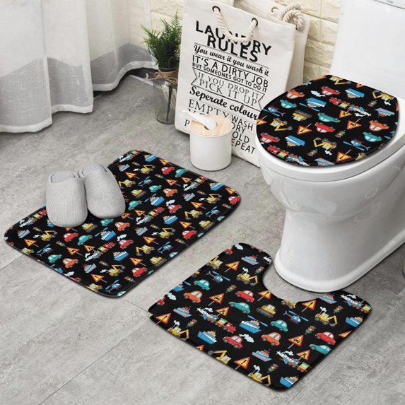 Excavator and Ship Black Pattern 3 Piece Bathroom Rug Set, Non Slip Absorbent Bath Mats with U-Shaped Contour Rug and Toilet Lid Cover