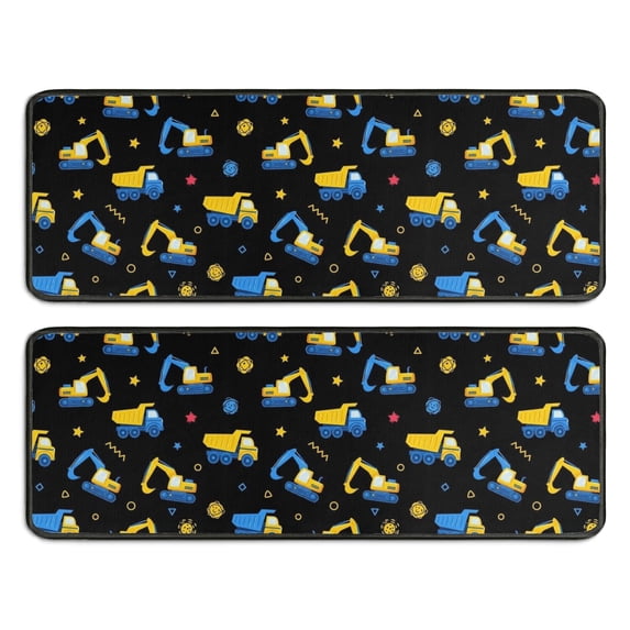 Excavator and Star Black Pattern Anti Fatigue Kitchen Rugs Set Of 2, Non Slip Washable Decorative Floor Mats for Sink Laundry and Home Use, 17"x47"