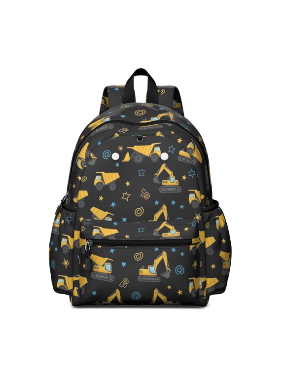 Excavator and Star Black Pattern Cute School Backpack with Padded Back and Adjustable Shoulder Straps 13.4"x11"x4.7"