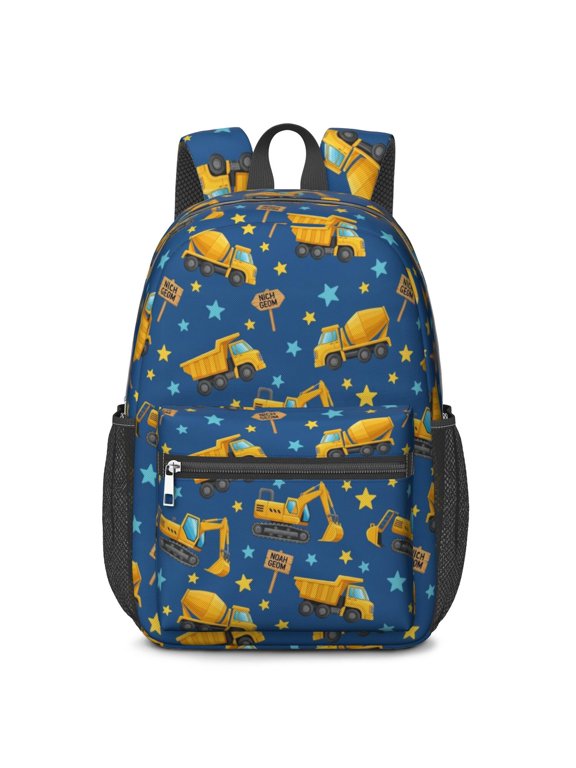 Excavator and Star Blue Pattern 17" Waterproof Oxford School Backpacks for Teens, S-Shape Padded Straps, for School, Travel, Hiking, Camping