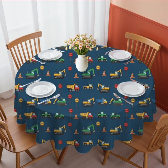 Excavator and Stop Sign Blue Pattern Round Tablecloth 60"x60", Wrinkle Resistant Wipeable Table Cover for Kitchen Dining Room Picnic Patio and Party