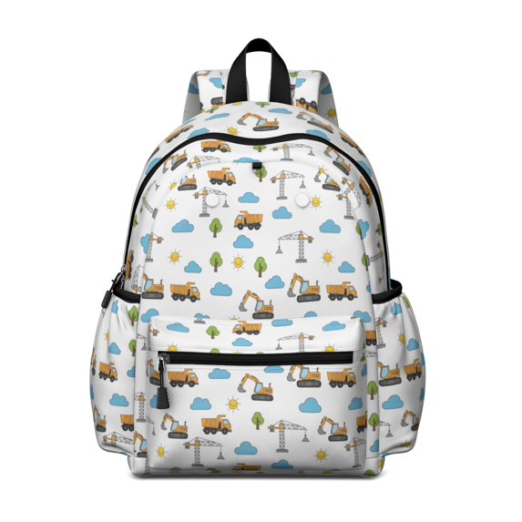 Excavator and Sun White Pattern Cute School Backpack with Padded Back and Adjustable Shoulder Straps 13.4"x11"x4.7"