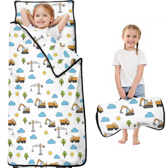 Excavator and Sun White Pattern Teens Toddler Nap Mat with Pillow, Sleeping Mat Bag for Preschool Daycare 59"x22"