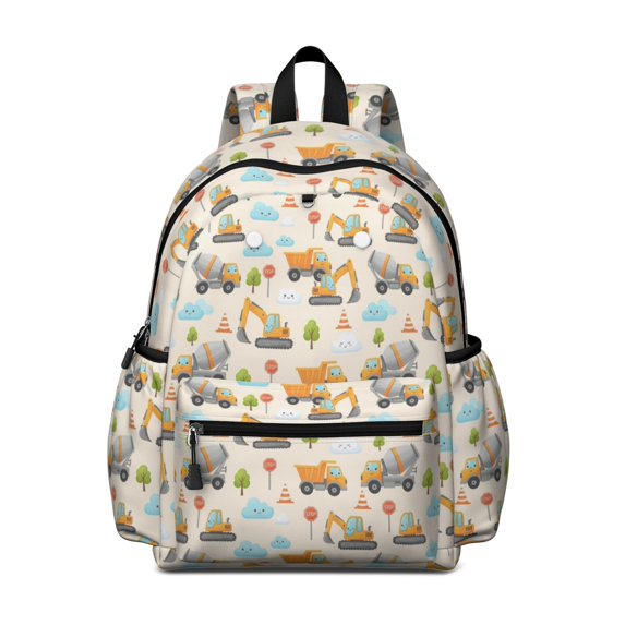 Excavator and Traffic Cone Beige Cute School Backpack with Padded Back and Adjustable Shoulder Straps 13.4"x11"x4.7"