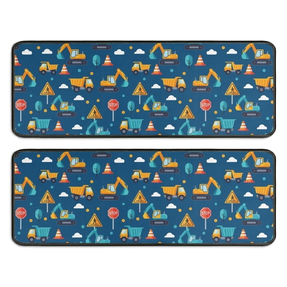 Excavator and Tree Blue Pattern Anti Fatigue Kitchen Rugs Set Of 2, Non Slip Washable Decorative Floor Mats for Sink Laundry and Home Use, 17"x47"