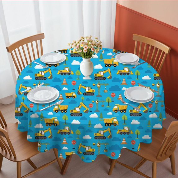 Excavator and Tree Blue Pattern Round Tablecloth 70"x70", Wrinkle Resistant Wipeable Table Cover for Kitchen Dining Room Picnic Patio and Party
