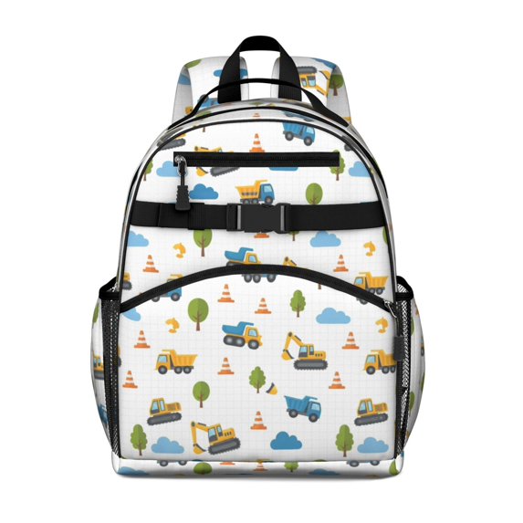 Excavator and Tree White Pattern Cute School Backpack Bag for School with Padded Back and Adjustable Shoulder Straps 15.25"x11.5"x5.25"