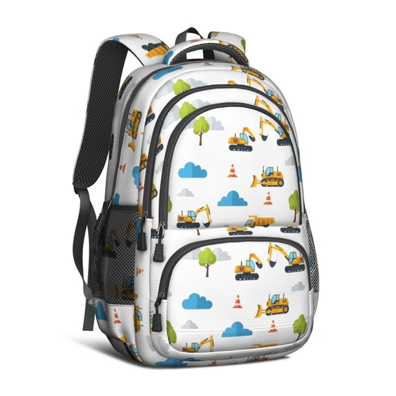 Excavator and Tree White Pattern Cute School Backpack Bag with Padded Back and Adjustable Shoulder Straps 16.9 X 12.6 X 5.9 Inches
