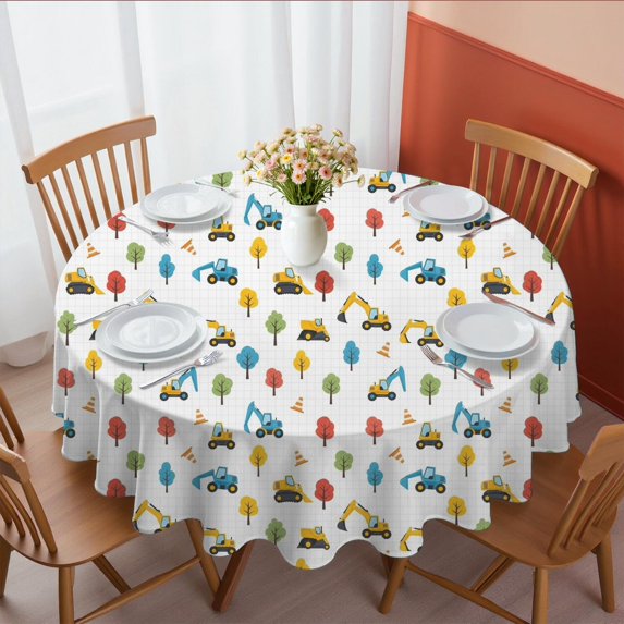 Excavator and Tree White Pattern Round Tablecloth 70"x70", Wrinkle Resistant Wipeable Table Cover for Kitchen Dining Room Picnic Patio and Party