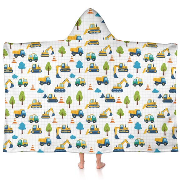 Excavator and Tree White Pattern Teens Hooded Bath Towel Wrap for Ages 3 To 12,Quick Dry Lightweight Soft Microfiber Bath Beach Pool,60"x35"