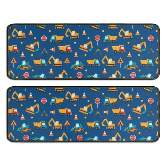 Excavator and Warning Sign Blue Anti Fatigue Kitchen Rugs Set Of 2, Non Slip Washable Decorative Floor Mats for Sink Laundry and Home Use, 17"x47"