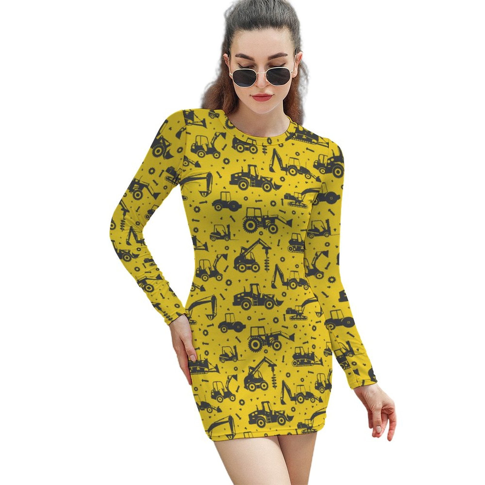 Excavators Construction Trucks Dresses for Women Long Sleeve Round Neck