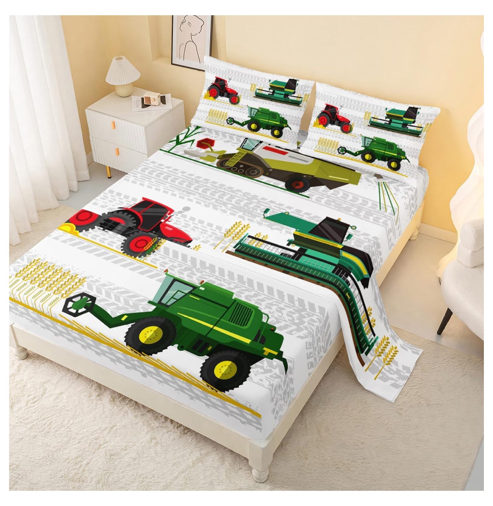 Excavators Fitted Sheet Full Size,Tractor Bedding Sets for Boys