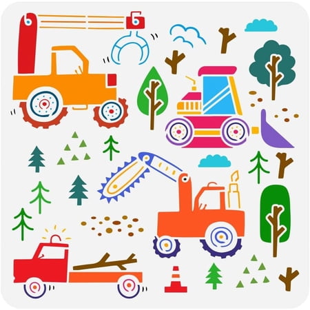 Excavators Painting Stencil 11.8x11.8inch Reusable Cranes Truck Pattern Drawing Template DIY Art Wallpaper for Boys Decoration Stencil for Painting