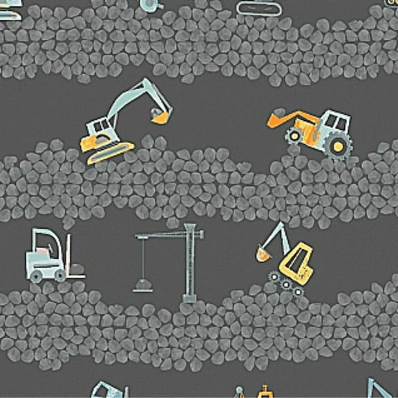 Excavators bull dozer crane gray fabric, Dear Stella Raise the Roof, Sold by the Quarter Yard