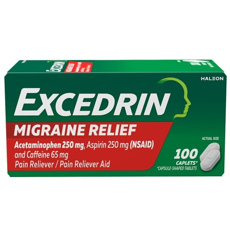 Excedrin Migraine Relief, Acetaminophen 250mg, Aspirin 250mg, Caffeine 65mg, Pain Reliever Caplets for Headache Relief, 100 Count
