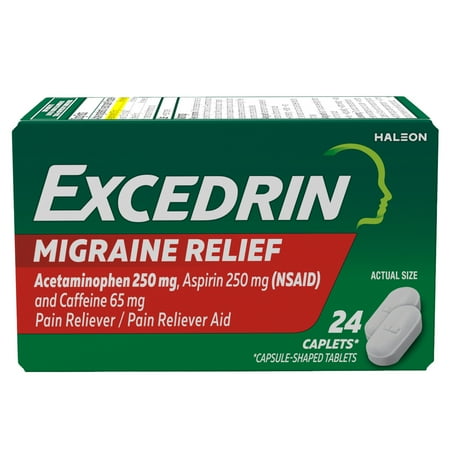 Excedrin Migraine Relief, Acetaminophen 250mg, Aspirin 250mg, Caffeine 65mg, Pain Reliever Caplets for Headache Relief, 24 Count