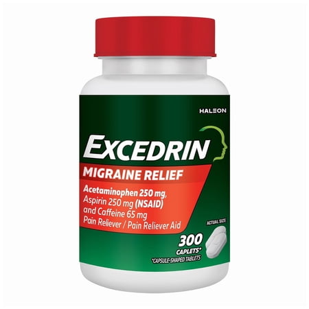Excedrin Migraine Relief Caplets Acetaminophen 250mg, Aspirin 250mg. Caffeine 65mg Pain Reliever 300 Count