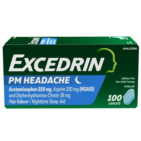 Excedrin Pm Headache Medicine and Sleep Aid Acetaminophen Aspirin Caplets, 100 Count