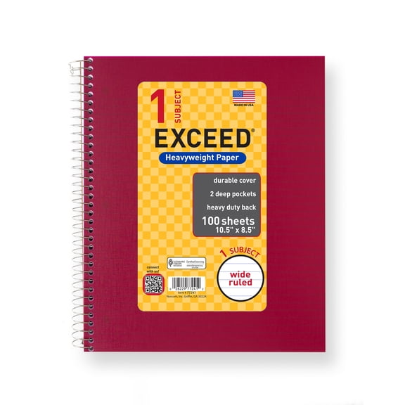 Exceed 1 Subject 100 Count Notebook, Burgundy, 10.5" x 8.5"