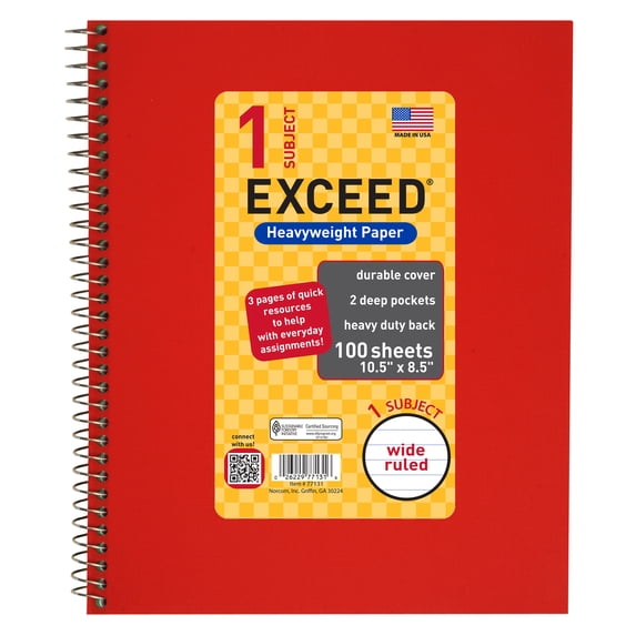 100ct 1 Sub Red Exceed Notebook, 10.5 x 8.5, Wide Ruled