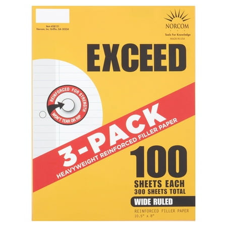 Exceed 3 Pack Wide Ruled Reinforced Filler Paper, 100 Sheets Each, 10.5" x 8"
