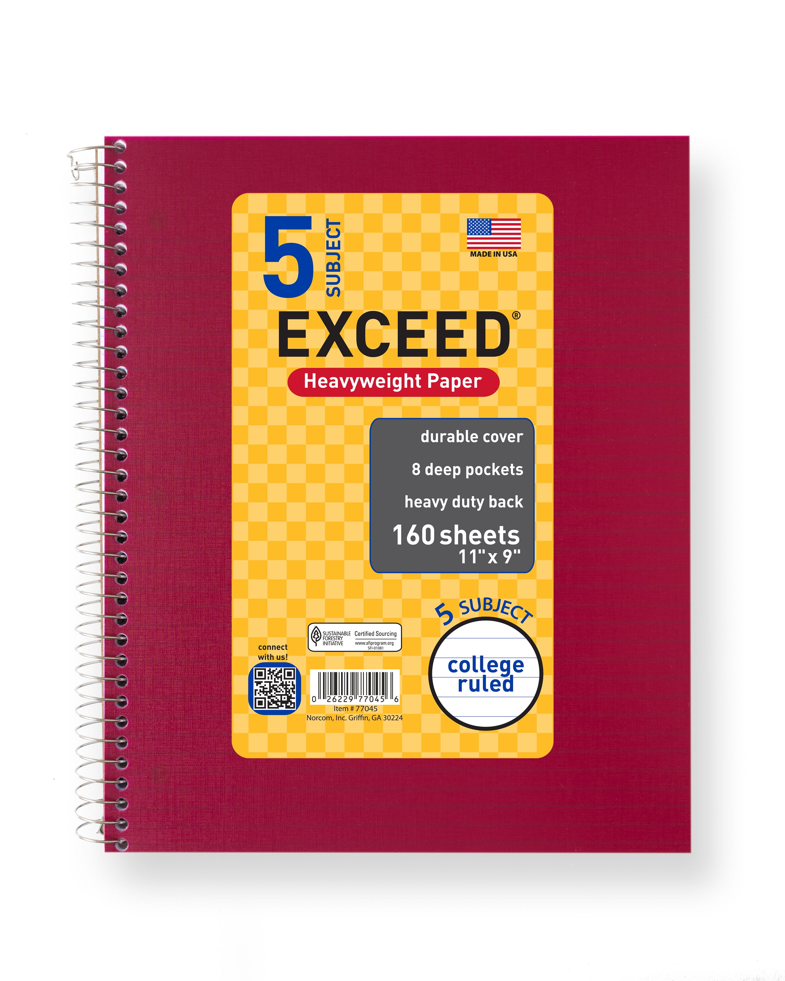 Exceed 5 Subject 160 Count Notebook, Burgundy, 11" x 9", College Ruled