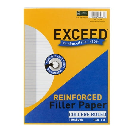 Exceed Reinforced Filler Paper, College Ruled, 100 Pages, 8" x 10.5", 78136