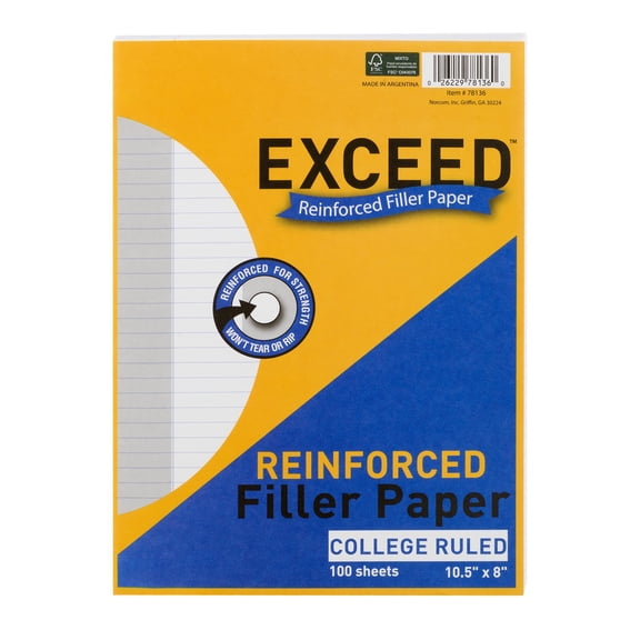 Exceed Reinforced Filler Paper, College Ruled, 100 Pages, 8" x 10.5", 78136