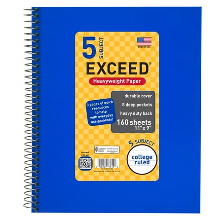 Exceed Spiral Notebook, College Ruled, 5 Subject, 160 Sheets, 11" x 9", Blue