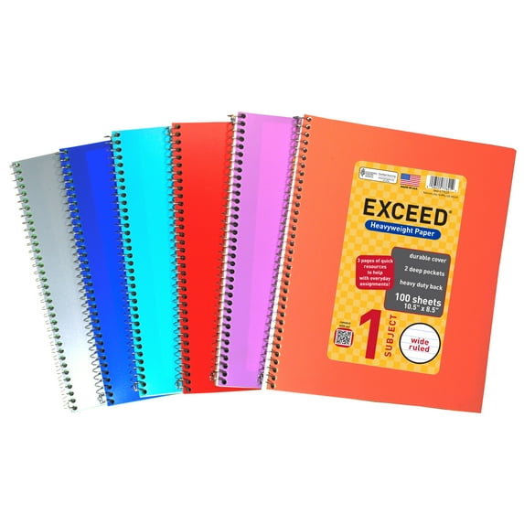 Exceed Spiral Notebook, Wide Ruled, 1 Subject, 100 Pages, 8.5" x 10.5", Color Choice Will Vary, 77621