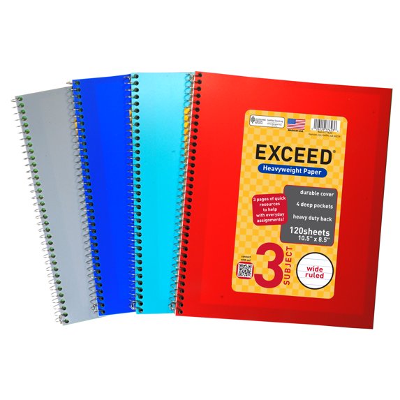 Exceed Spiral Notebook, Wide Ruled, 3 Subject, 120 Pages, 8.5" x 10.5", Color Choice Will Vary, 77623