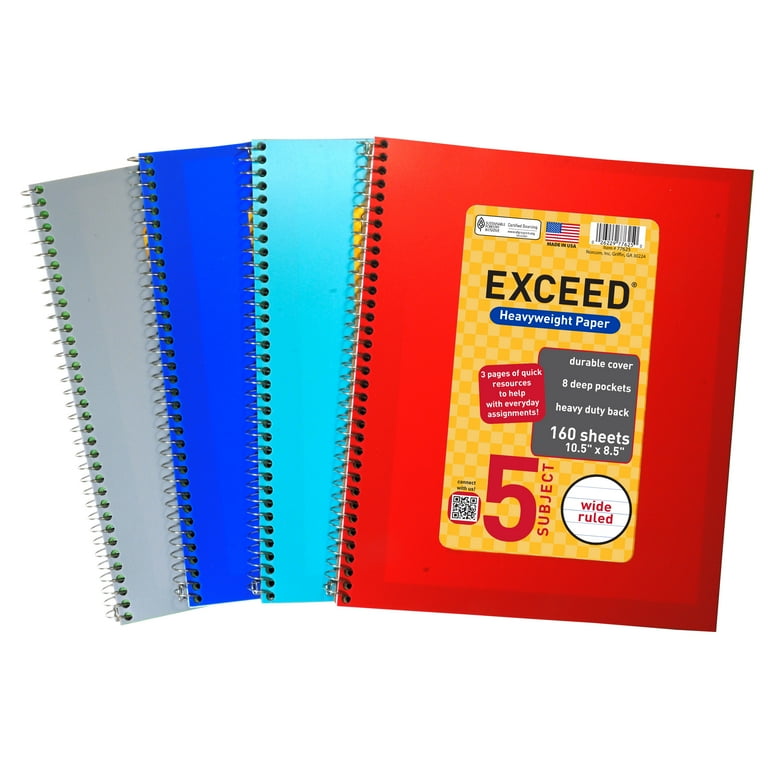 Exceed Spiral Notebook, Wide Ruled, 5 Subject, 160 Pages