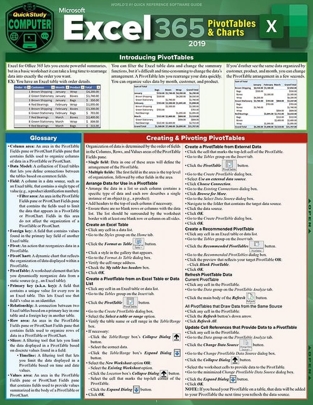 Excel 365 Pivot Tables & Charts a QuickStudy Laminated Reference