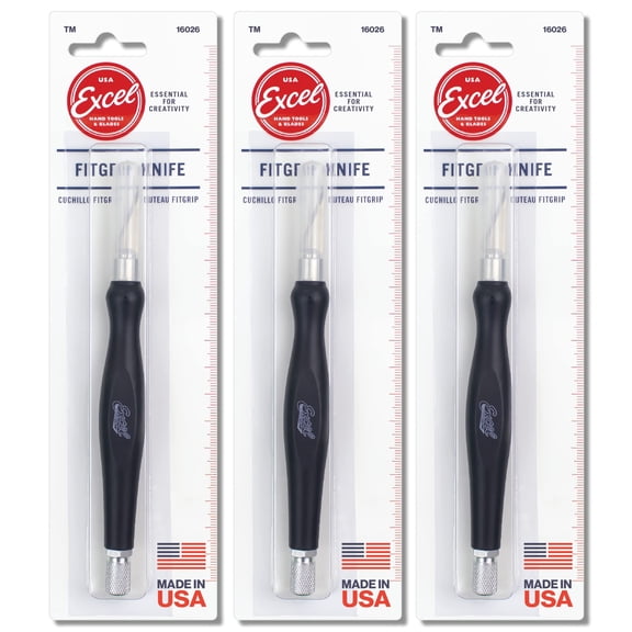 Excel Blades Fit Grip Knife. Ultra Sharp Knife with Carbon Steel Angled Edge Blade & Contoured Rubberized Grip, Made in the USA, Light Duty Cutting Tool for Precision Cutting & Trimming, Black, 3 Pack