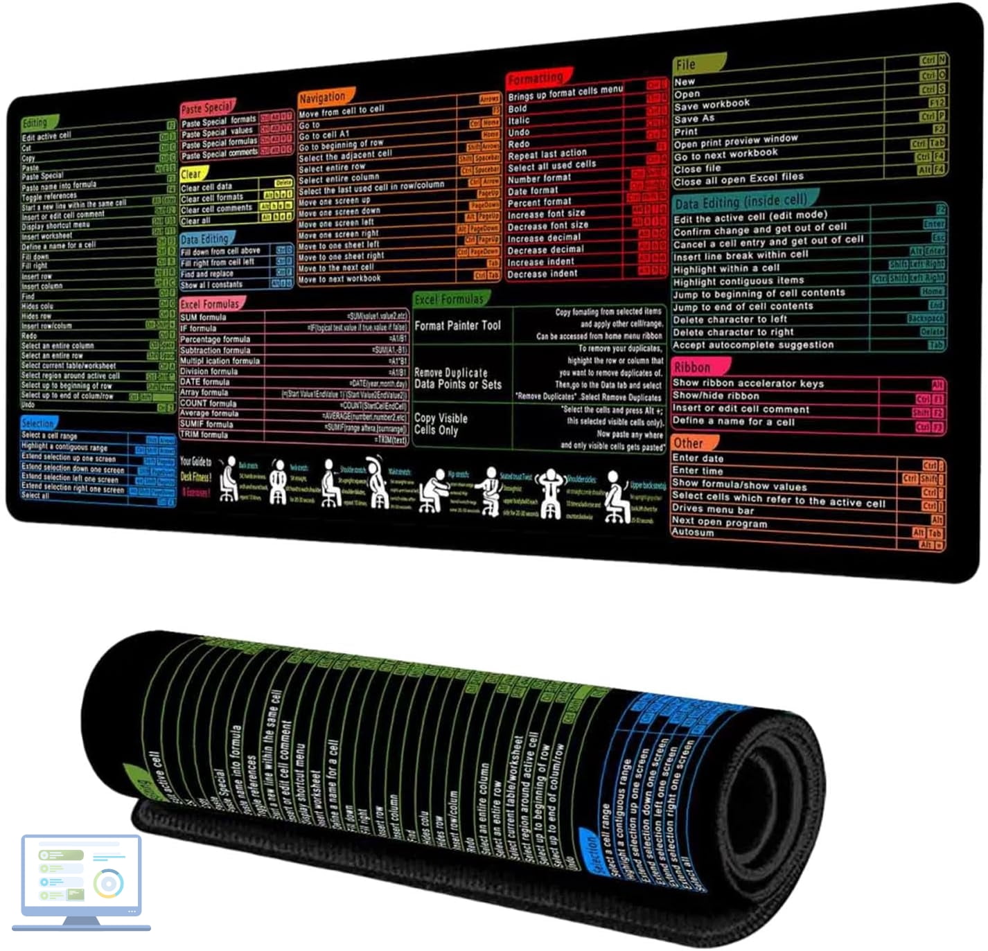 Excel Cheat Sheet Desk Mat, Excel Shortcut Keys Mouse Pad(31.5"x11.8 ...