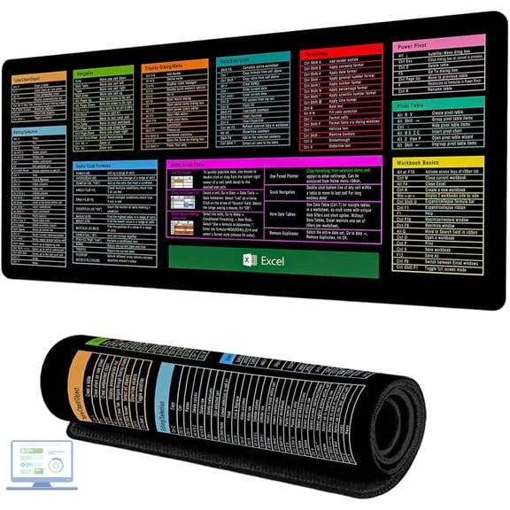 Excel Cheat Sheet Desk Mat, Excel Shortcut Keys Mouse Pad(31.5"x11.8"), Excel Cheat Sheet Desk Pad, Water-Resistant Surface with Anti-Slip Base Excel Pad for Office, Gaming, Design (2)