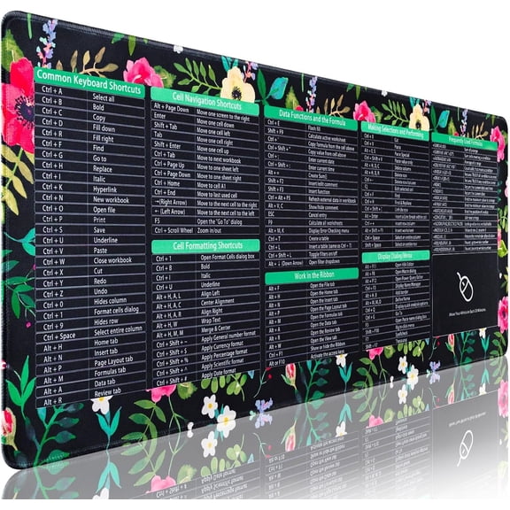 Excel Cheat Sheet Desk Mat, Floral Large Excel Shortcuts Pad, Stitched Edges | Non-Slip Base, PC Office Keyboard Mat 35.4" x 15.7"