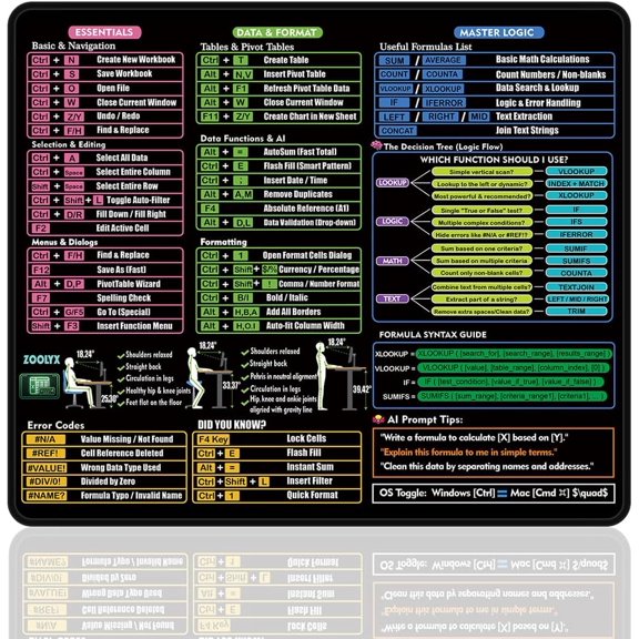 Excel Cheat Sheet Desk Pad 11.8"x9.8" Shortcuts Mousepad Mat | AI Copilot Ready, Logic Decision Tree, Shortcut Keys, for CPAs, Finance & Data Analysts