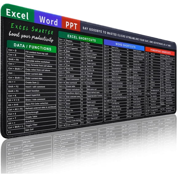 Excel Cheat Sheet Desk Pad, 31.5" x 11.8" Large Shortcuts Mouse Pad, Excel/Word/Power Point Computer Mat, Non-Slip Keyboard Shortcut and XL Gaming Desk Mat for Office Computer