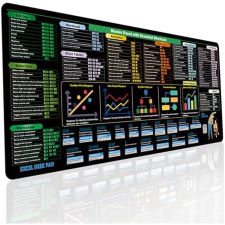 Excel Cheat Sheet Desk Pad (31.5x11.8in) | 2024 Shortcut Keys & Formulas Reference Mat with Stitched Edges - Non-Slip XL Office Desk Mat for Accountants, Coders & Excel Productivity