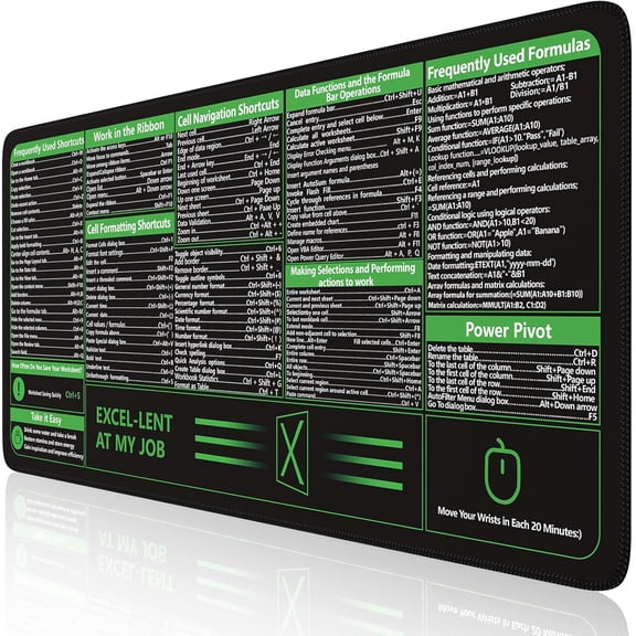 Excel Cheat Sheet Desk Pad, Excel Mouse Pad Shortcuts, Excell Short Cut Desk Mat, Extended Large XXL Non-Slip Exel Mousepad with Stitched Edges for Computer Keyboard