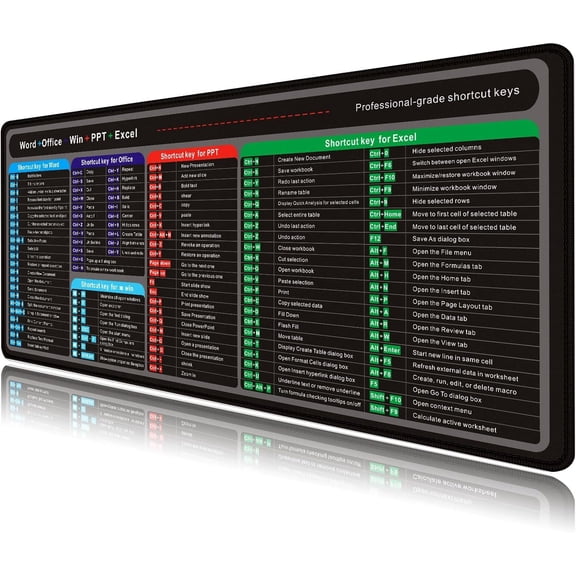 Excel Cheat Sheet Desk Pad, Excel Pad, Large Gaming Pads, Desk Mat for Keyboard and , Big Mousepad Stitched Edge Non-Slip Rubber Base for Office School (27.5X11.8 in)