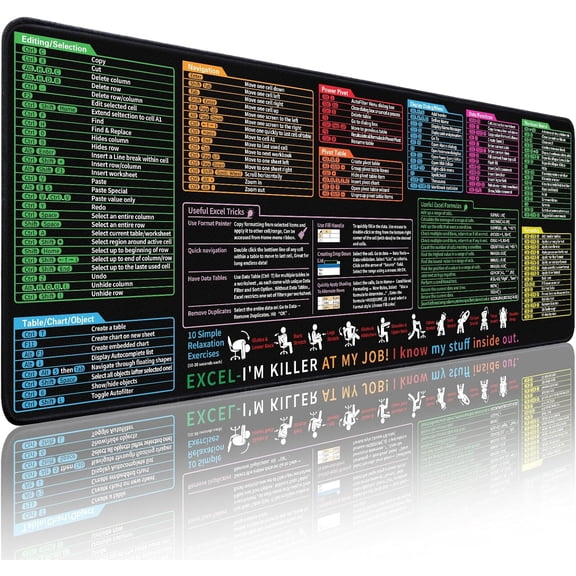 Excel Cheat Sheet Desk Pad - Large Mouse Pad - Excel Cheat Sheet Desk Mat, Non-Slip Base Mousepad Suitable for Office, Computer Games, Desk Mat and More (47.2L x 16.9W inches)